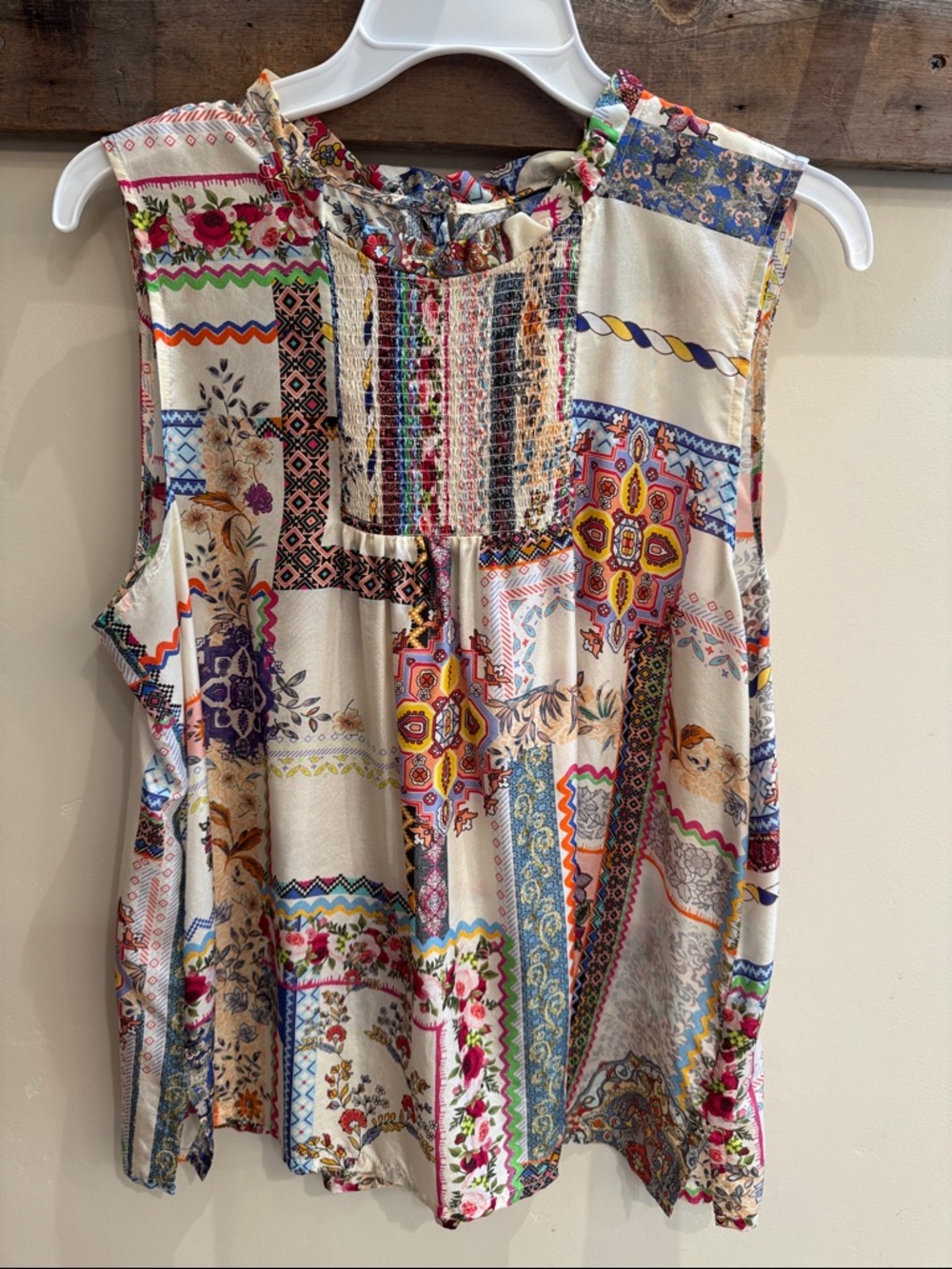 Johnny Was 100% Silk Cream Multicolor Patchwork Floral Smocked Camisole in Large